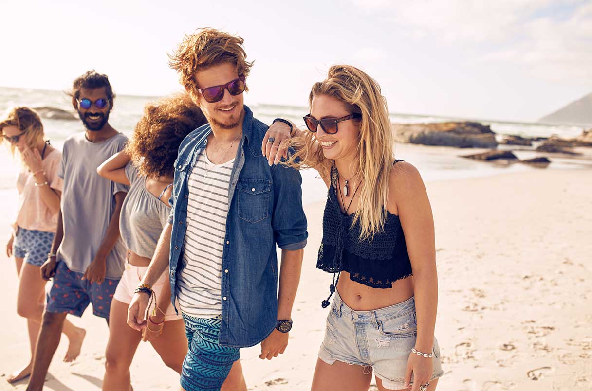 Group of five adults, all wearing sunglasses, smiling as they walk on the beach