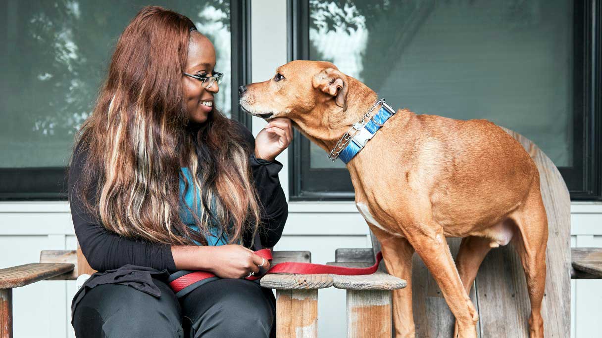 Woman scratching a dog's chin