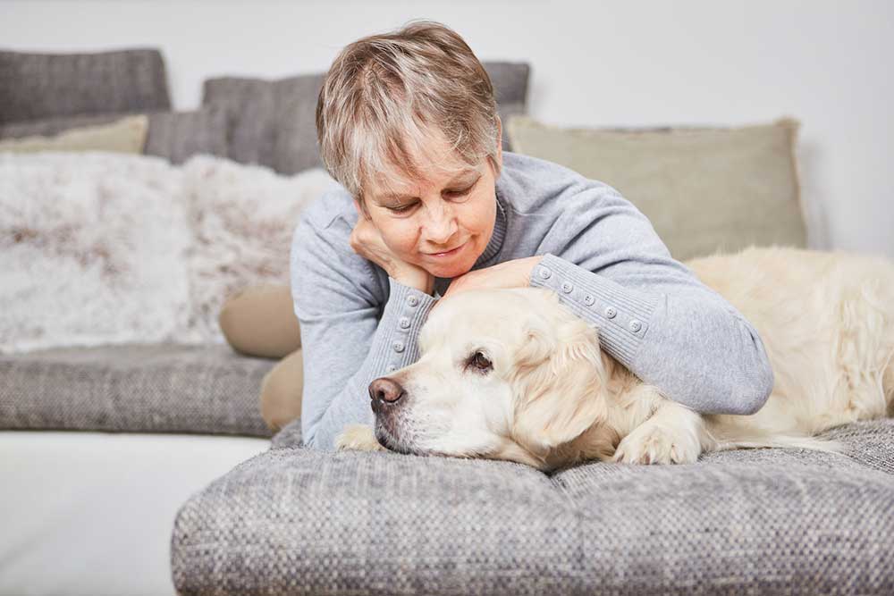 Woman laying with a senior dog on a sofa