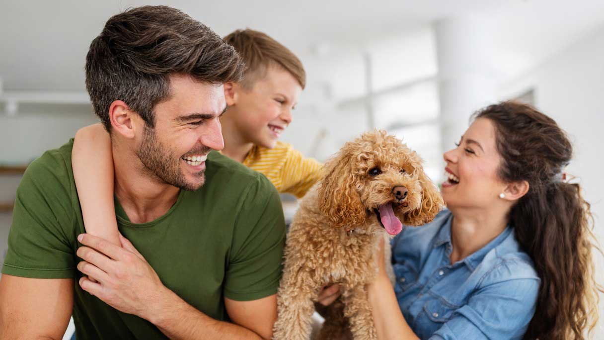 Family sitting with a dog