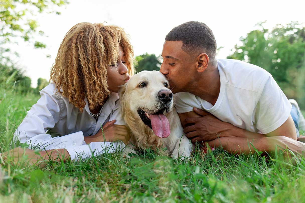 Man and woman kissing golden retriever laying in grass between them