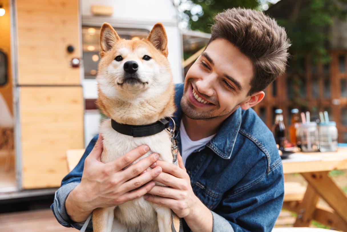 Man holding shiba inu with black collar on