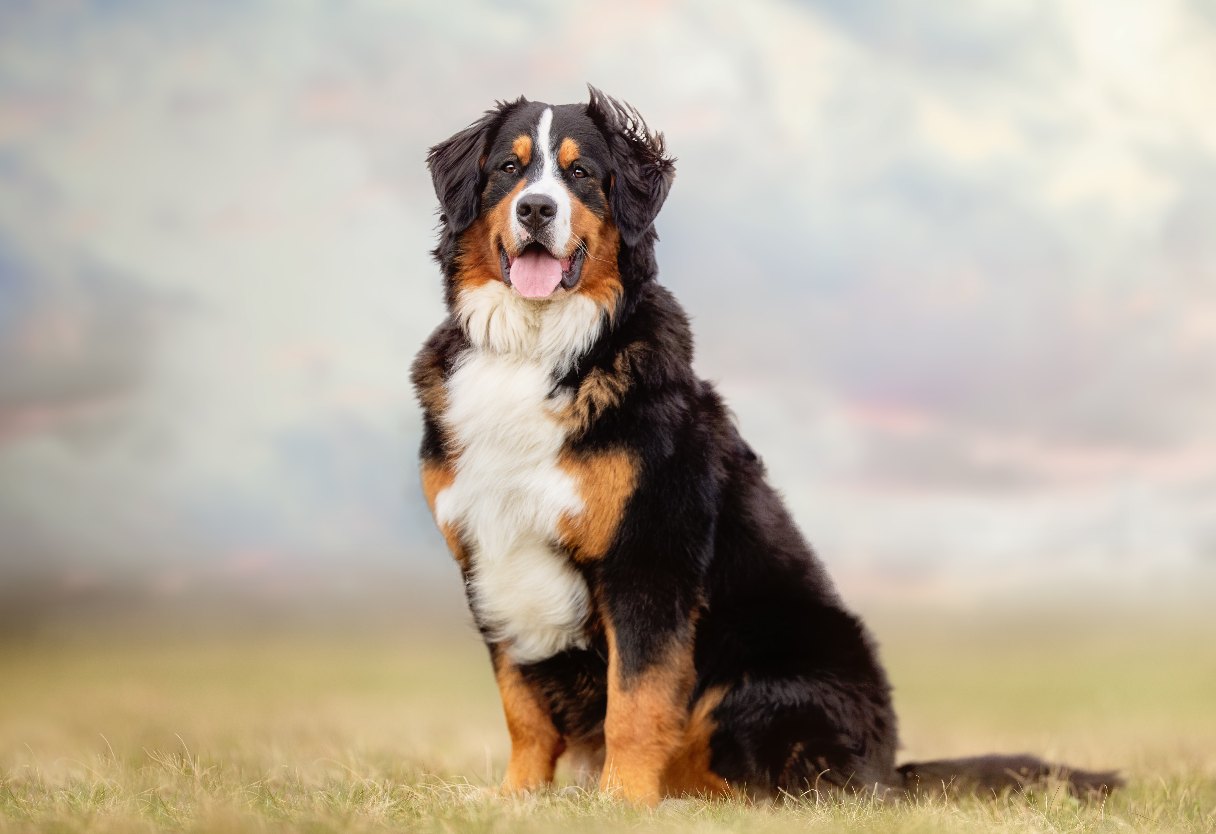 Bernese Mountain sitting on grass