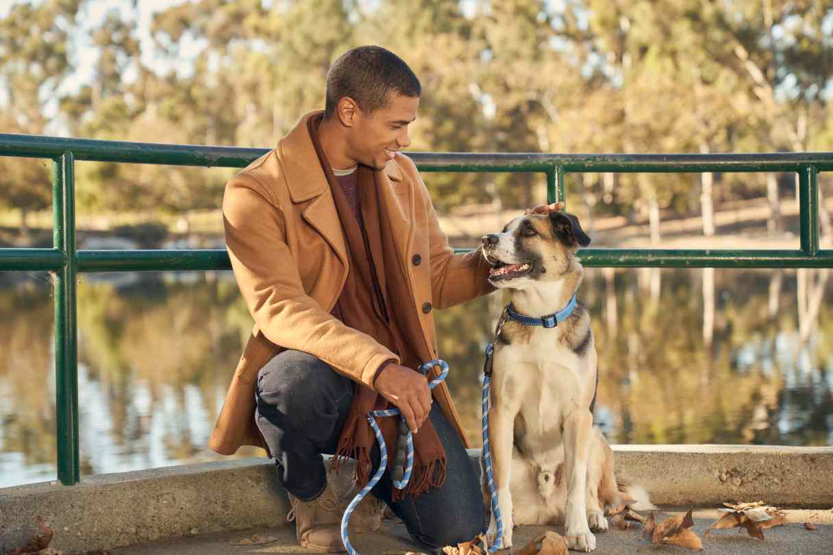 Man outside with dog, petting its head