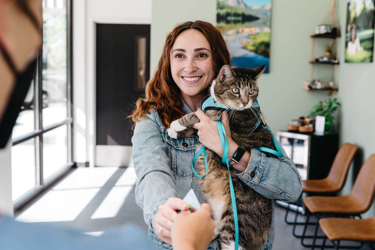 Woman holding cat in a vet office