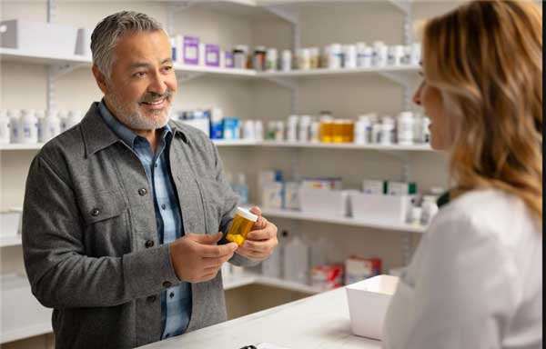 Man receiving prescription pill bottle from pharmacist