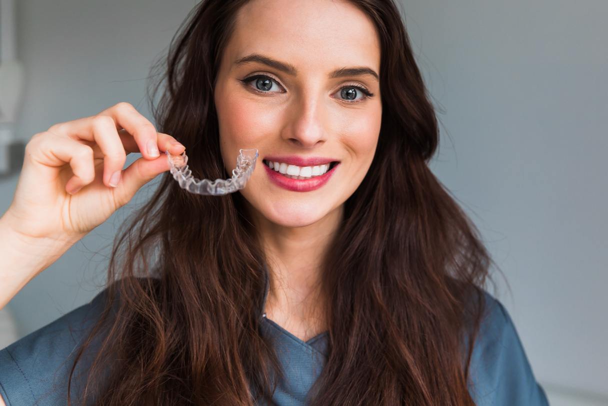 Woman holding mouthguard in front of her mouth, smiling