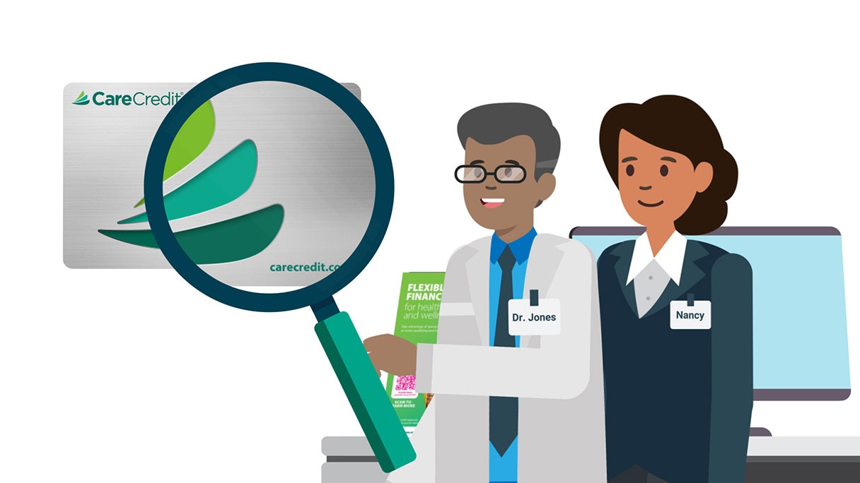 Illustration of man and woman looking at CareCredit credit card under magnifying glass