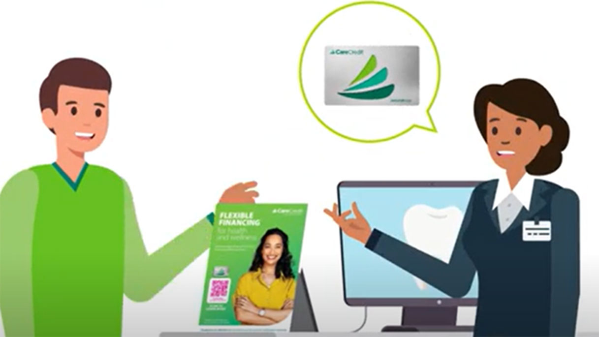 Illustration of a man and woman discussing CareCredit