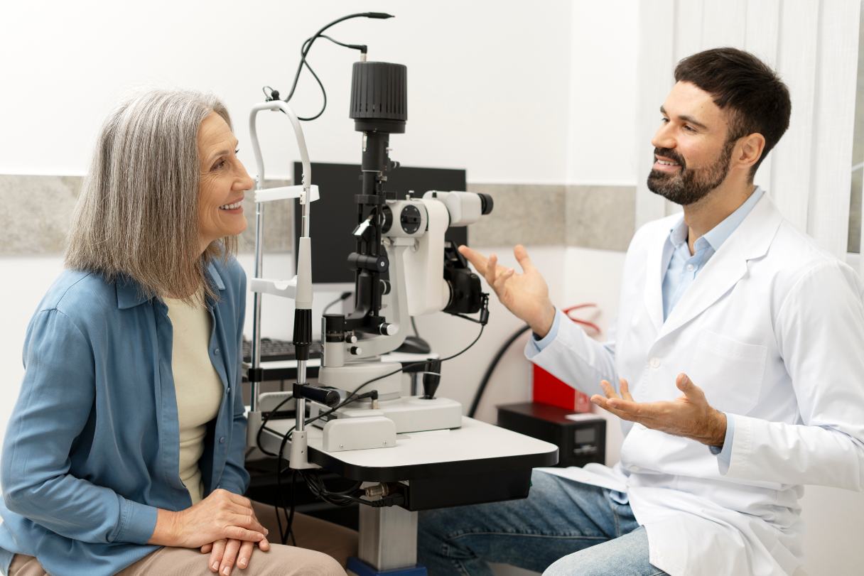 Optometrist speaking with woman